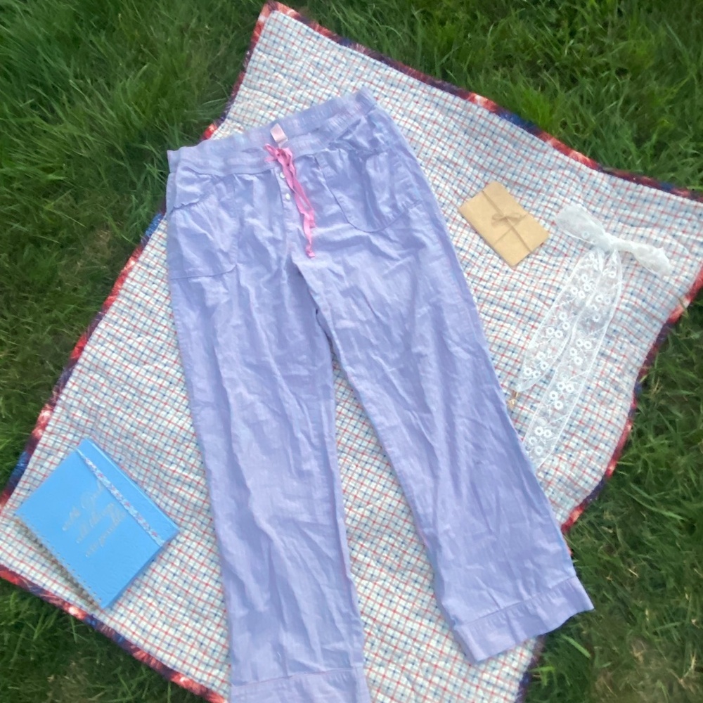 💙 Vintage Victoria’s Secret Pajama Bottoms – Blue with Pink Stripes – Size Medi